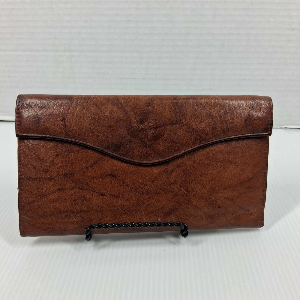 Vtg Buxton Brown Top Grain Cowhide‎ Leather Trifold Wallet Kiss Lock Coin Pouch